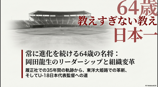 64歳の岡田龍生監督が履正社から東洋大姫路、U-18日本代表監督へと歩む軌跡をまとめたタイトルスライド