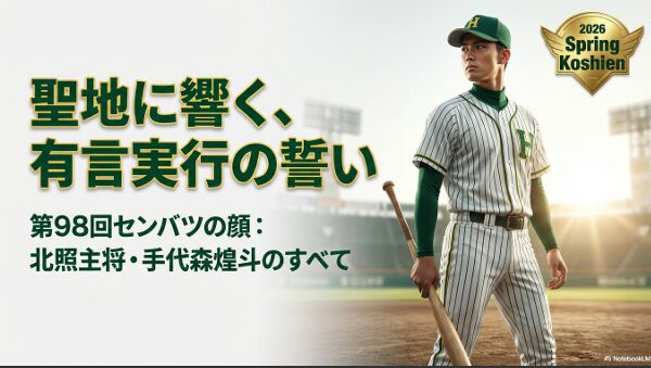 第98回センバツの顔、北照高校の手代森煌斗主将の紹介スライド。聖地に響く有言実行の誓いというテキスト