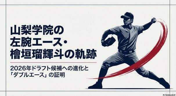 山梨学院高校の左腕エース、檜垣瑠輝斗投手の軌跡と2026年ドラフト候補への進化をまとめたタイトルスライド