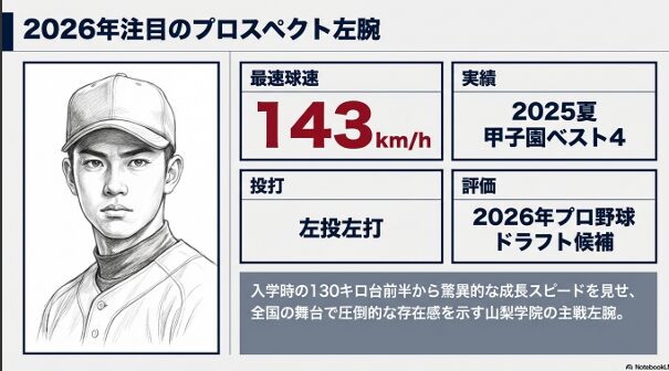檜垣瑠輝斗選手の顔写真イラストとともに、最速143キロ、2025年夏甲子園ベスト4、2026年ドラフト候補といった主要実績をまとめたプロフィール。