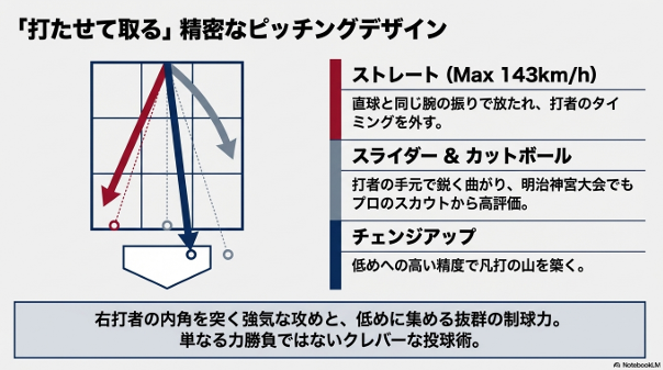 最速143キロの直球に加え、スライダー、カットボール、チェンジアップを組み合わせた、クレバーなピッチングデザインの解説