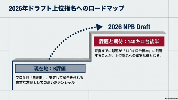 プロ注目「B評価」から、来夏までに140キロ台後半への球速アップを目指す上位指名へのロードマップ。