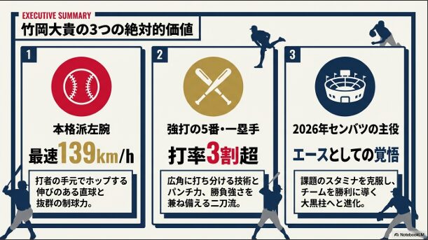 大垣日大・竹岡大貴選手の本格派左腕、強打の5番、センバツの主役としての3つの価値をまとめたサマリー画像
