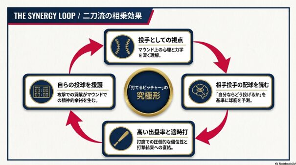 相手投手の配球を読み、自らの投球を援護する「打てるピッチャー」の相乗効果（シナジーループ）の解説図