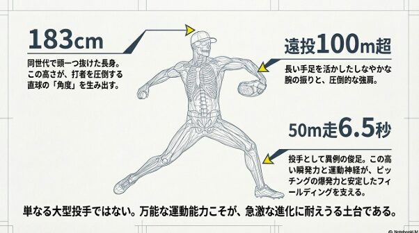 身長183cm、遠投100m超、50m走6.5秒という丹羽涼介の万能な運動能力を解説するスライド