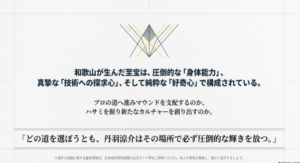 身体能力、探求心、好奇心で構成される丹羽涼介が、どの道を選んでも輝くことを示す総括スライド