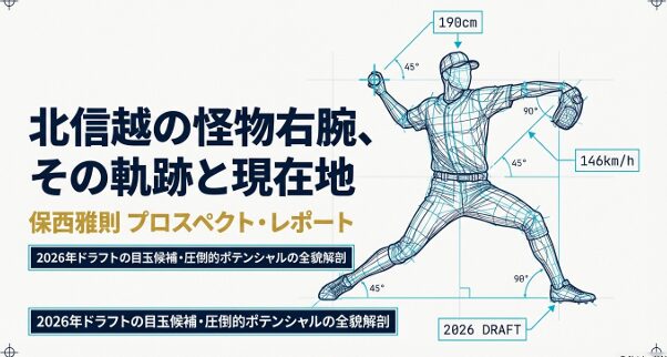 日本航空石川の保西雅則投手の投球フォームと「2026年ドラフト目玉候補」と記されたレポートの表紙。