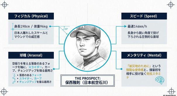 身長190cm、最速146km/h、多彩な球種、そして「被災地のために」というメンタリティまで、彼の全体像を網羅しています 。