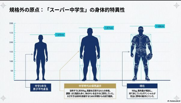 平均的な中学生（165cm）と、中学時代の保西選手（187cm）を視覚的に比較しており、その規格外ぶりが一目で伝わります