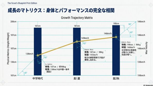 中学時代から高校2年生秋にかけての身長・体重・球速の推移を示す成長軌跡マトリクス。
