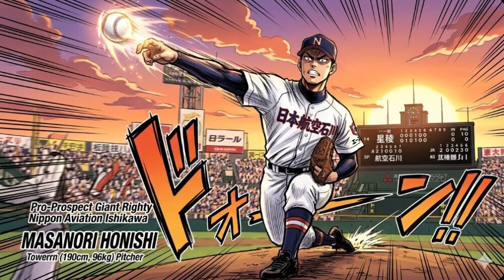 漫画風（Manga Style）」を採用し、プロ注目の大型右腕（190cm96kg）としての存在感とダイナミズムを強調しました