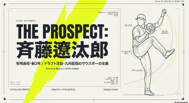 斉藤遼汰郎投手の投球シルエットと「九州屈指のサウスポー」の文字が書かれた紹介スライド