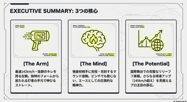 斉藤投手の最速142km/h、マウンド度胸、国際舞台での実績をまとめた要約スライド