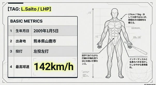 175cm/73kgの体格とインナーマッスル、高い打撃センスを解説する筋肉図解スライド