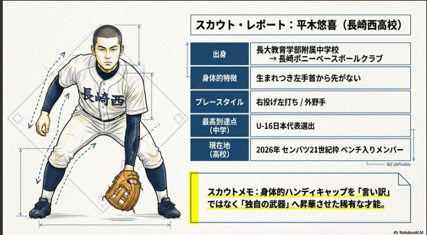 平木悠喜選手の出身校、右投げ左打ちのスタイル、U-16日本代表選出などの経歴をまとめたプロフィール画像