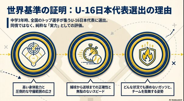 身体能力、守備範囲、正確な送球スピードなど、平木選手が日本代表に選ばれた実力的な理由をまとめたリスト画像