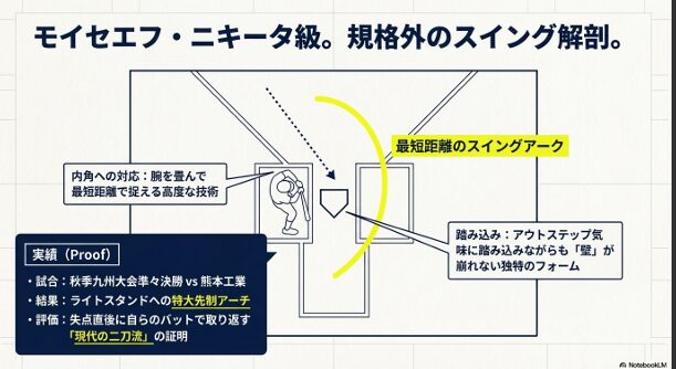熊本工業戦での特大本塁打と、内角を腕を畳んで最短距離で捉える高度なスイング技術の解説