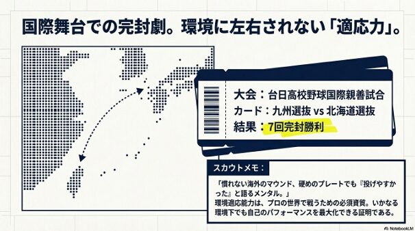 九州選抜として北海道選抜を相手に7回完封勝利を挙げ、海外のマウンドにも即座に対応したメンタルと適応力