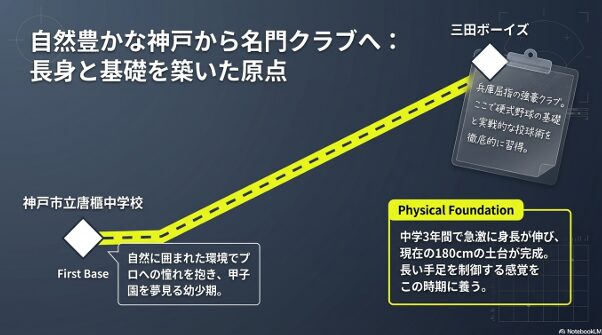 神戸市立唐櫃中学校から名門・三田ボーイズへ進み、中学3年間で現在の180cmの土台となる長身へと成長した記録