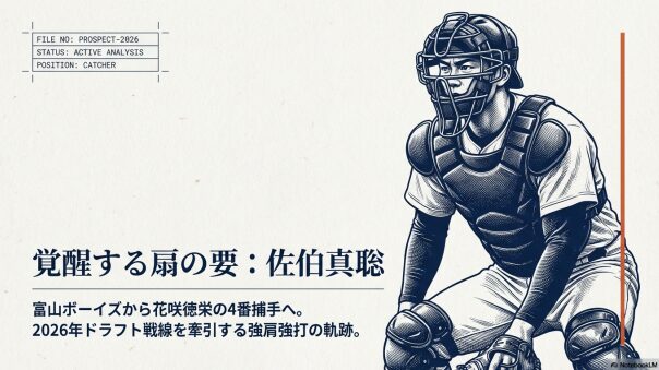 花咲徳栄高校2年生の捕手・佐伯真聡のプロフィール。身長176cm、体重80kgで、2026年ドラフト上位候補（Tier 1 Prospect）として紹介されているイラスト。