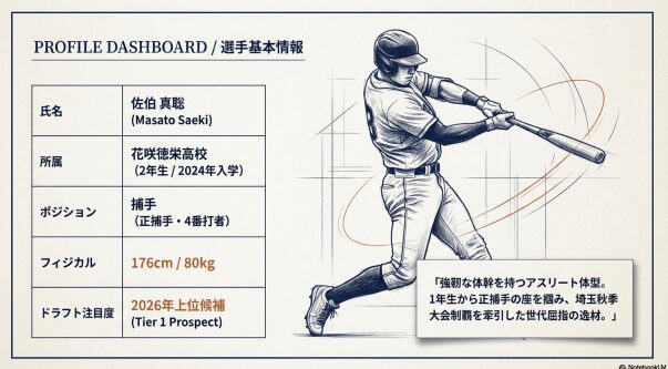 花咲徳栄高校2年生の捕手・佐伯真聡のプロフィール。身長176cm、体重80kgで、2026年ドラフト上位候補（Tier 1 Prospect）として紹介されているイラスト。
