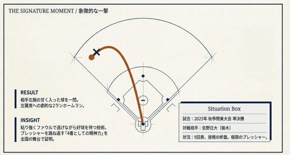 佐伯真聡選手の打撃フォームの分析図。両腕を伸ばしてグリップを低く構えるスタイルや、左手一本でもスタンドへ運ぶパンチ力を解説。