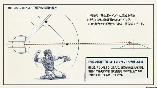 佐伯真聡選手の強肩の解説図。座ったままマウンドへ力強い返球をする独自の所作や、中学時代に完成された低弾道スローイングの軌道イメージ。