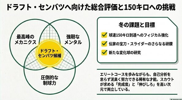 最高峰のメカニクス、強靭なメンタル、圧倒的な制球力の三要素と、150キロ到達への目標を掲げた総合評価図