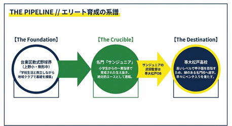 野小、駒形中から名門サンジュニアを経て専大松戸へ至る小林投手の経歴図