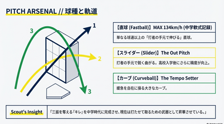 最高球速134km/hの直球、スライダー、カーブなどの持ち球を紹介するスライド