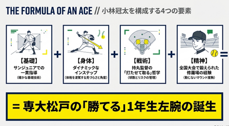 基礎・身体・戦術・精神の4要素からエースへの成長を分析したスライド