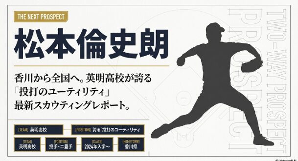 英明高校の松本倫史朗選手の紹介。投打のユーティリティプレイヤーとしてのプロフィール