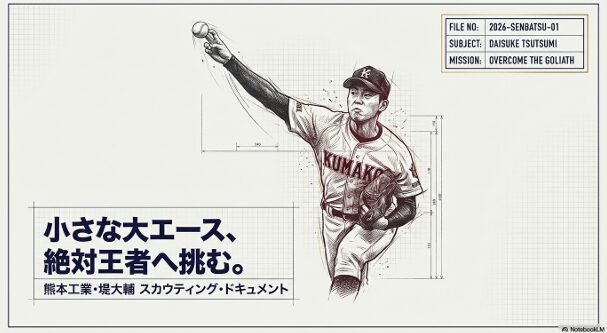 熊本工業高校のエース堤大輔投手の「小さな大エース、絶対王者へ挑む」というキャッチコピーが書かれた紹介スライドの表紙。