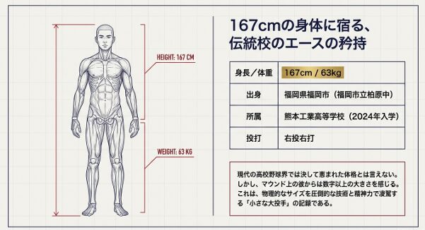 堤大輔投手の身長167cm、体重63kg、福岡市立柏原中出身などの詳細プロフィールと、体格差を技術で補う決意を記したスライド。