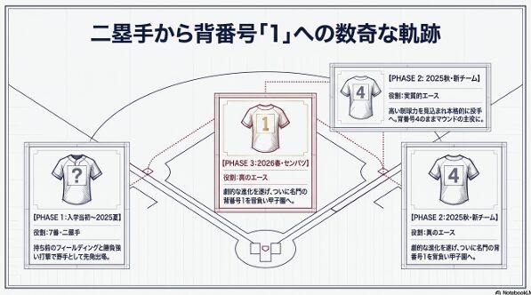 2025年夏の二塁手から、秋の実質的エース、2026年春の背番号1獲得までのポジション変遷をまとめたスライド。