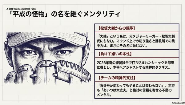 堤投手の名前の由来である松坂大輔氏のような粘り強さと、負けず嫌いな性格、チームの支柱としてのメンタルを解説するスライド