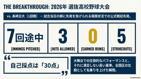 2026年選抜大会1回戦で7回途中まで自責点0に抑えた長崎日大戦の公式戦初先発データ。