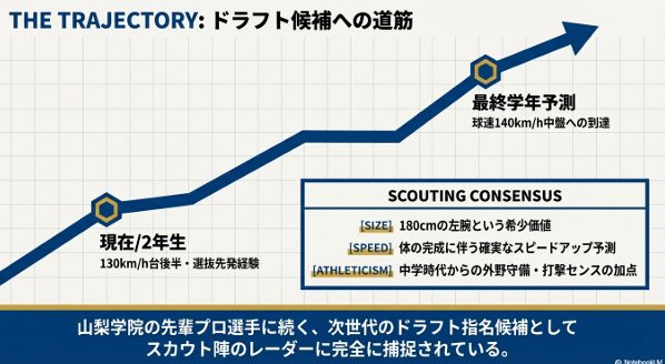 最終学年での140km/h中盤到達と、ドラフト候補としての評価予測グラフ。