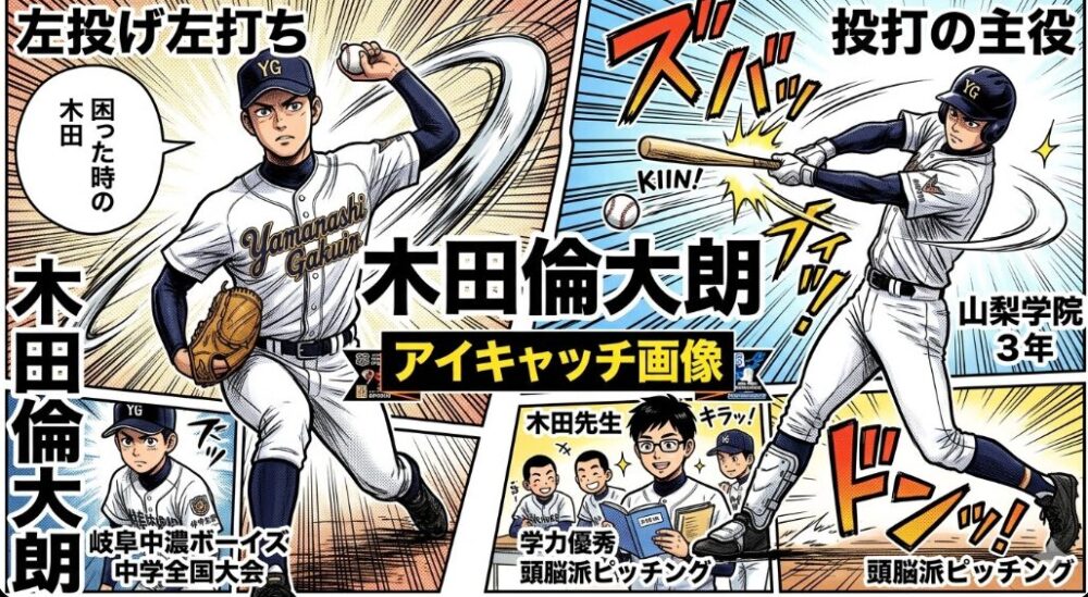 山梨学院高校の木田倫大朗選手のプロフィール。身長170cm、体重73kg、左投左打。「困った時の木田」という吉田監督の言葉が添えられている。