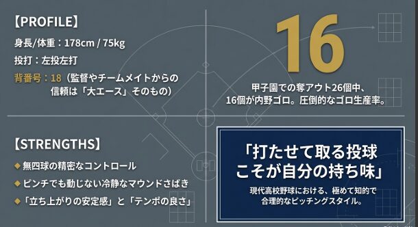 身長178cm、体重75kgのプロフィールと、驚異のゴロ生産率(アウト26個中16個が内野ゴロ)を誇る安定感を解説。