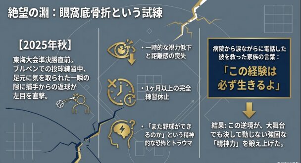 ブルペンでの事故による大怪我から、家族の言葉に支えられて復帰し、精神力を鍛え上げたエピソード。