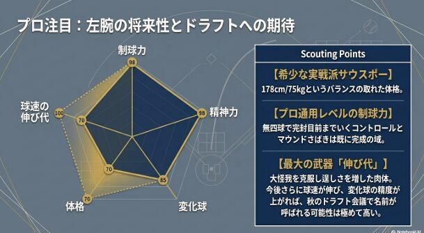 制球力・精神力が高く評価されたレーダーチャート。秋のドラフト会議での指名が期待される実戦派サウスポーの分析。