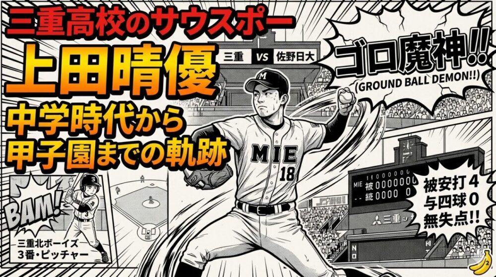 三重高校の上田晴優投手のスカウティングレポートを紹介する、漫画風のアイキャッチ画像。躍動する「ゴロ魔神」の姿と、中学から甲子園、プロ注目というキーワードが並ぶ。