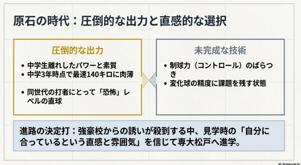 中学3年時点で最速140キロに肉薄した圧倒的な出力と、未完成な技術に関する分析図