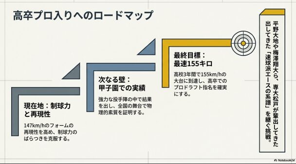 制球力の克服、甲子園での実績、最速155キロ到達というプロ入りへの課題図。