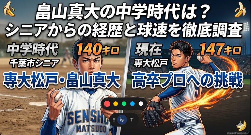 畠山真大選手の中学時代と現在を比較した漫画風のアイキャッチ画像。左側に中学時代の千葉市シニアでの姿と「140キロ」の文字、右側に現在の専大松戸での力強い投球フォームと「147キロ」「高卒プロへの挑戦」の文字が描かれている