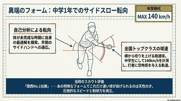 中学1年でのサイドスロー転向の図解と、中学時代に記録したMAX140km/hの解説。