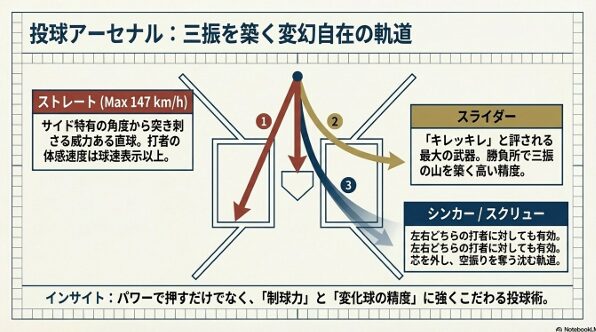 最速147km/hのストレート、キレのあるスライダー、シンカー・スクリューの投球軌道イメージ。