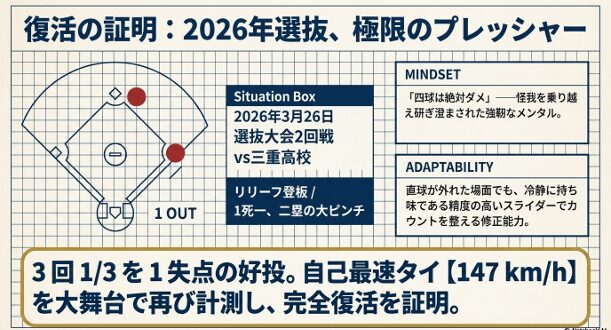 1死一、二塁のピンチで登板した際のメンタルと、3回1/3を1失点に抑えた三重戦の登板結果。