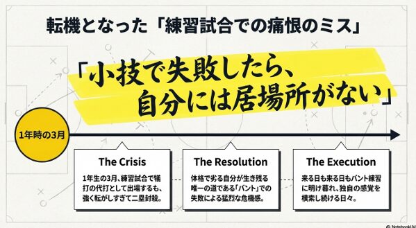 1年時3月のバント失敗から、独自の感覚を模索し続けた実行力のプロセス。